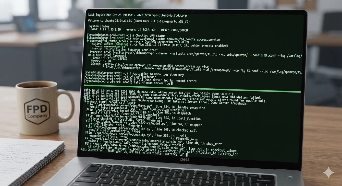 หน้าจอ terminal แสดงการตรวจสอบระบบเซิร์ฟเวอร์ Odoo ERP บนโน้ตบุ๊กของทีม FPD Digital