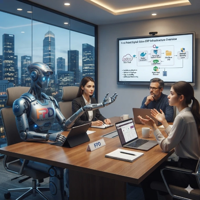 ทีม AI และพนักงานกำลังประชุมปรับแต่งระบบ Odoo ERP ให้ตรงกับความต้องการของธุรกิจ